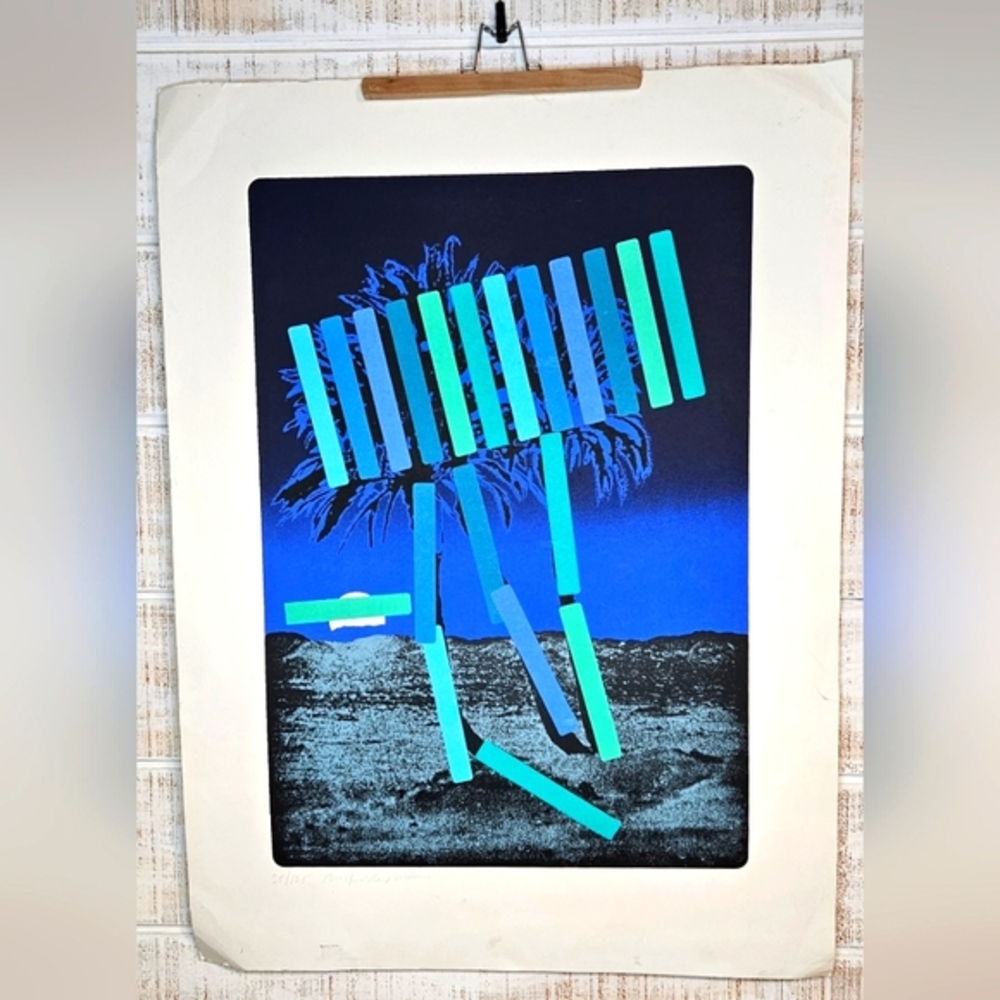 Vtg Menashe Kadishman, Blue Palm, Screenprint, signed in‎ pencil 25/125